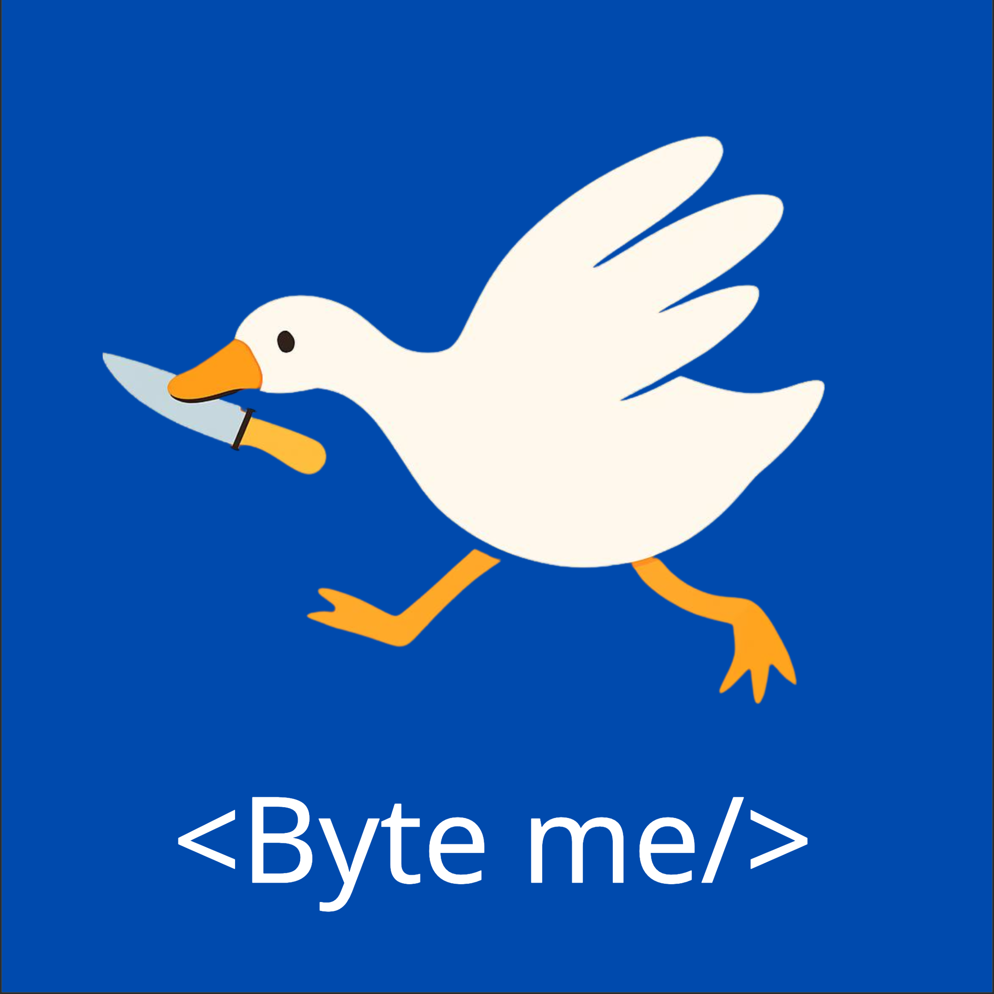 Byteme.nu logotyp - En gås med en kniv och texten <Byte me/>